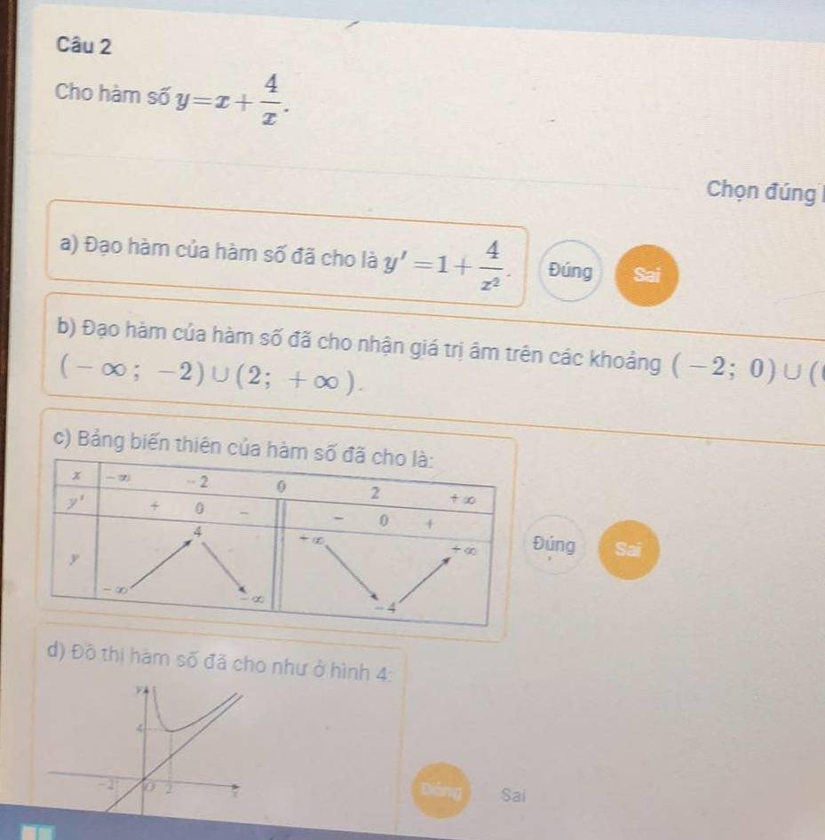 Cho hàm số y=x+ 4/x .
Chọn đúng 
a) Đạo hàm của hàm số đã cho là y'=1+ 4/z^2 . Đúng Sai
b) Đạo hàm của hàm số đã cho nhận giá trị âm trên các khoảng (-2;0)∪ (
(-∈fty ;-2)∪ (2;+∈fty ).
c) Bảng biến thiên củ
Đúng Sai
d) Đô thị hàm số đã cho như ở hình 4:
4
-2 0 2
Sai