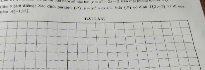 Tị của hàm số bậc hai y=x^2-2x-2 trên mật phang tội tộ 
Câu 3 (2,0 điểm): Xác định parabol (P):y=ax^2+bx+3
tiểm A(-1;13). , biết (P) có đỉnh I(2;-5) và đì qua 
bài làm