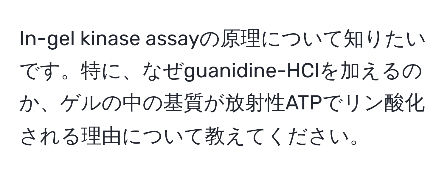 In-gel kinase assayの原理について知りたいです。特に、なぜguanidine-HClを加えるのか、ゲルの中の基質が放射性ATPでリン酸化される理由について教えてください。