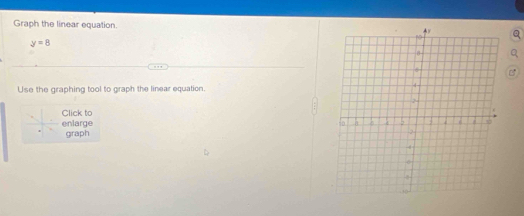 Graph the linear equation.
y=8
Use the graphing tool to graph the linear equation. 
Click to 
enlarge 
graph