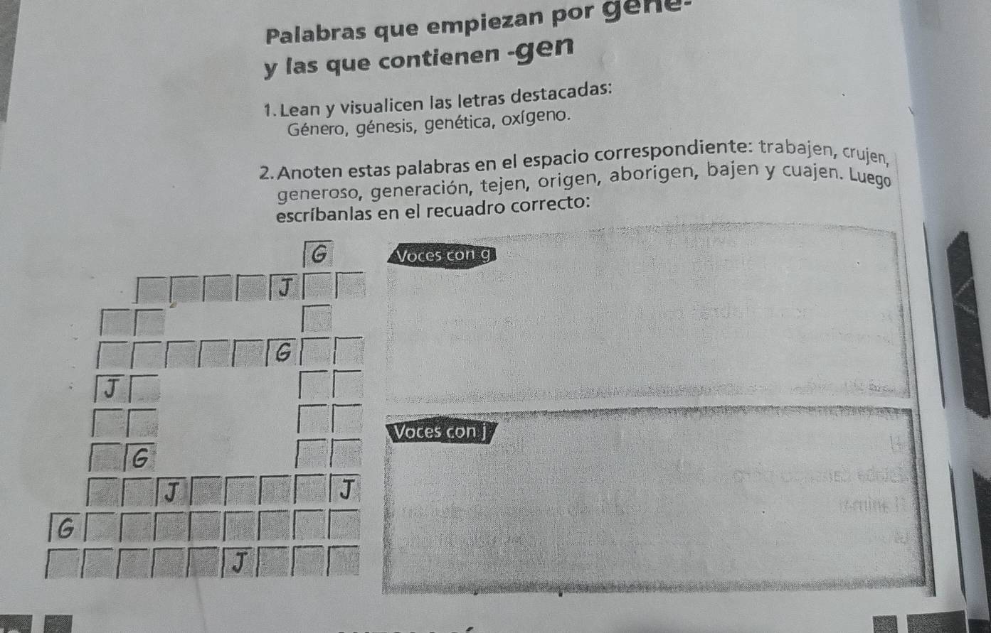 Palabras que empiezan por gene 
y las que contienen -gen 
1. Lean y visualicen las letras destacadas: 
Género, génesis, genética, oxígeno. 
2. Anoten estas palabras en el espacio correspondiente: trabajen, crujen, 
generoso, generación, tejen, origen, aborigen, bajen y cuajen. Luego 
escríbanlas en el recuadro correcto: 
Voces con g 
Voces con