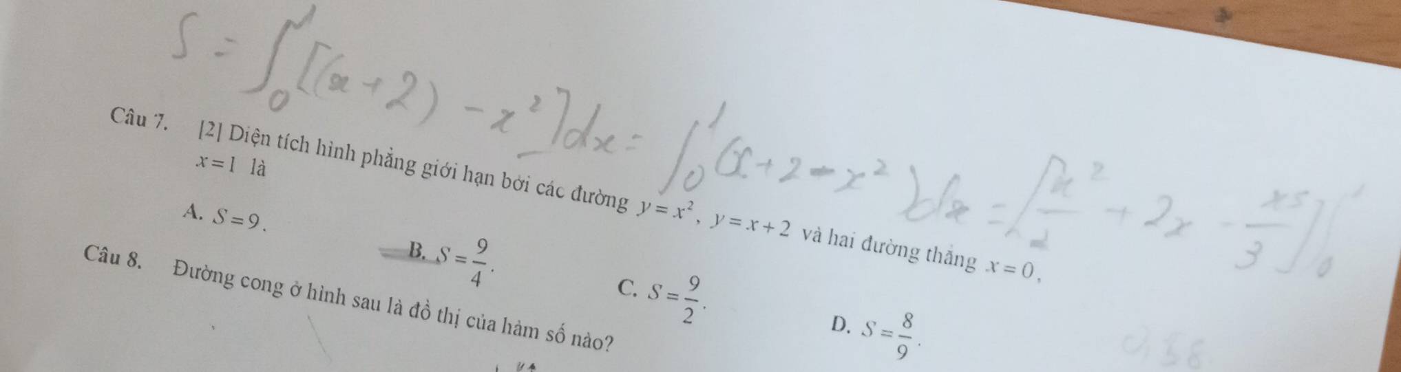 [2] Diện tích hình phẳng giới hạn bởi các đường x=1la y=x^2, y=x+2 và hai đường thắng x=0,
A. S=9. B. S= 9/4 . S= 9/2 . S= 8/9 . 
C.
Câu 8. Đường cong ở hình sau là đồ thị của hàm số nào?
D.