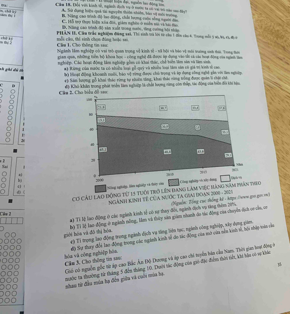 Chất - kỉ thuật hiện đại, nguồn lao động lớn.
Câu 18. Đối với kinh tế, ngành dịch vụ ở nước ta có vai trò nào sau đây?
tra: _A. Sử dụng hiệu quả tài nguyên thiên nhiên, bảo vệ môi trường
tiám thị 1
in, chữ ký B. Nâng cao trình độ lao động, chất lượng cuộc sống người dân.
C. Hỗ trợ thực hiện xóa đói, giảm nghèo ở miền núi và hải đảo.
D. Nâng cao trình độ sản xuất trong nước, tăng cường hội nhập.
PHÀN II. Câu trắc nghiệm đúng sai. Thí sinh trả lời từ câu 1 đến câu 4. Trong mỗi ý a), b), c), đ) ở
chữ ký
mỗi câu, thí sinh chọn đúng hoặc sai.
m thị 2
Câu 1. Cho thông tin sau:
Ngành lâm nghiệp có vai trò quan trọng về kinh tế - xã hội và bảo vệ môi trường sinh thái. Trong thời
gian qua, những tiến bộ khoa học - công nghệ đã được áp dụng vào tất cả các hoạt động của ngành lâm
nghiệp. Các hoạt động lâm nghiệp gồm có khai thác, chế biến lâm sản và lâm sinh.
ah ghi đũ th
a) Rừng của nước ta có nhiều loại gỗ quý và nhiều loại lâm sản có giá trị kinh tế cao.
b) Hoạt động khoanh nuôi, bảo vệ rừng được chú trọng và áp dụng công nghệ gắn với lãm nghiệp.
c) Sản lượng gỗ khai thác rừng tự nhiên tăng, khai thác rừng trồng được quản lí chặt chẽ.
C D
d) Khó khăn trong phát triển lâm nghiệp là chất lượng rừng còn thấp, tác động của biển đổi khí hậu.
Câu 2. Cho biểu đồ sau:
100 %
21.8 30.7 33,4 37.3
80
1
1 13.1
20.9 23
1
60
33.1
1!
2(
40
65.1 48,4 43.6
29.1
12
20
Sai Năm
a)
0
2010 2015 2021
b) 2000
c) (
Nông nghiệp, lâm nghiệp và thủy sản Công nghiệp và xây dựng Dịch vụ
Cơ CÂU lAO độNG Tử 15 tUÔI Trở lÊN đAnG làM VIệC hàng năm phân tHeO
d) (
NGẢNH KINH TÊ CỦA NƯỚC TA GIAI ĐOẠN 2000 - 2021
Nguồn: Tổng cục thống kê - https://www.gso.gov.vn/)
a) Tỉ lệ lao động ở các ngành kinh tế có sự thay đổi, ngành dịch vụ tăng thêm 20%.
Câu 2
b) Ti lệ lao động ở ngành nông, lâm và thủy sản giảm nhanh do tác động của chuyền dịch cơ cầu, cơ
c) Tỉ trọng lao động trong ngành dịch vụ tăng liên tục; ngành công nghiệp, xây dựng giảm.
giới hóa và đô thị hóa.
d) Sự thay đổi lao động trong các ngành kinh tế do tác động của mở cửa nền kinh tể, hội nhập toàn cầu
hóa và công nghiệp hóa.
Gió có nguồn gốc từ áp cao Bắc Ấn Độ Dương và áp cao chí tuyến bán cầu Nam. Thời gian hoạt động ởi
Câu 3. Cho thông tin sau:
35
thước ta thường từ tháng 5 đến tháng 10. Dưới tác động của gió đặc điểm thời tiết, khí hậu có sự kháo
nhau từ đầu mùa hạ đến giữa và cuối mùa hạ.