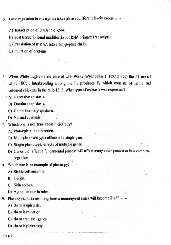 Gene regulation in eukaryotes takes place at different levels except…..
A) transcription of DNA into RNA.
B) post transcriptional modification of RNA primary transcripts.
C) translation of mRNA into a polypeptide chain.
D) mutation of proteins.
6. When White Leghorns are crossed with White Wyandottes (I ICC x iicc) the F1 are all
white (liCc). Interbreeding among the F_1 produces F_2 which consists of white and
coloured chickens in the ratio 13:3. What type of epistasis was expressed?
A) Recessive epistasis.
B) Dominant epistasis.
C) Complimentary epistasis.
D) Normal epistasis.
7. Which one is not true about Pleiotropy?
A)Non-epistatic interaction.
B) Multiple phenotypic effects of a single gene.
C) Single phenotypic effects of multiple genes.
D) Genes that affect a fundamental process will affect many other processes in a complex.
organism.
8. Which one is an example of pleotropy?
A) Sickle cell anaemia.
B) Height.
C) Skin colour.
D) Agouti colour in mice.
9. Phenotypic ratio resulting from a monohybrid cross will become 2:1 if .......
A) there is epistasis.
B) there is mutation.
C) there are lithal genes.
D) there is pleiotropy.
|P a g e