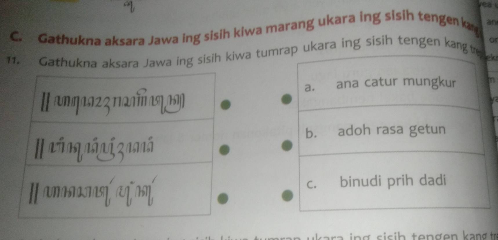 yea 
C. Gathukna aksara Jawa ing sisih kiwa marang ukara ing sisih tengen kan an
11. Gathukna aksara Jawa ing sisih kiwa tumrap ukara ing sisih tengen kangte of
a. ana catur mungkur
m
b. adoh rasa getun
c. binudi prih dadi
u k ara in g si s ih ten g en k an g