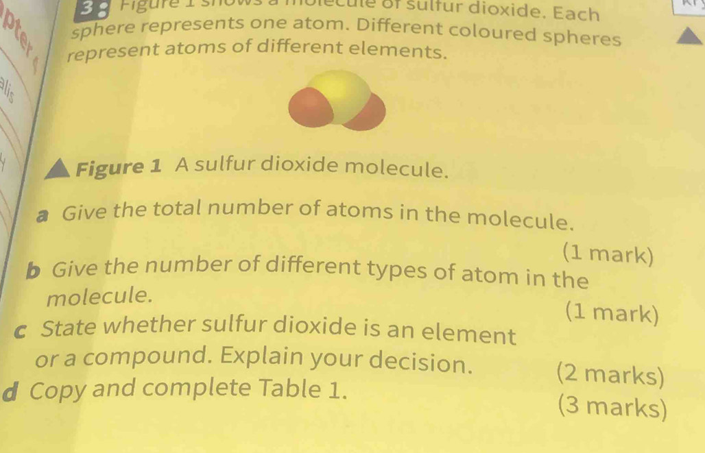 Figure show lecule of sulfur dioxide. Each 
sphere represents one atom. Different coloured spheres 
U represent atoms of different elements. 

Figure 1 A sulfur dioxide molecule. 
a Give the total number of atoms in the molecule. 
(1 mark) 
b Give the number of different types of atom in the 
molecule. 
(1 mark) 
c State whether sulfur dioxide is an element 
or a compound. Explain your decision. (2 marks) 
d Copy and complete Table 1. (3 marks)