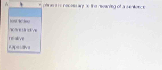 A phrase is necessary to the meaning of a sentence.
restrictive
nonrestrictive
relalive
appositive