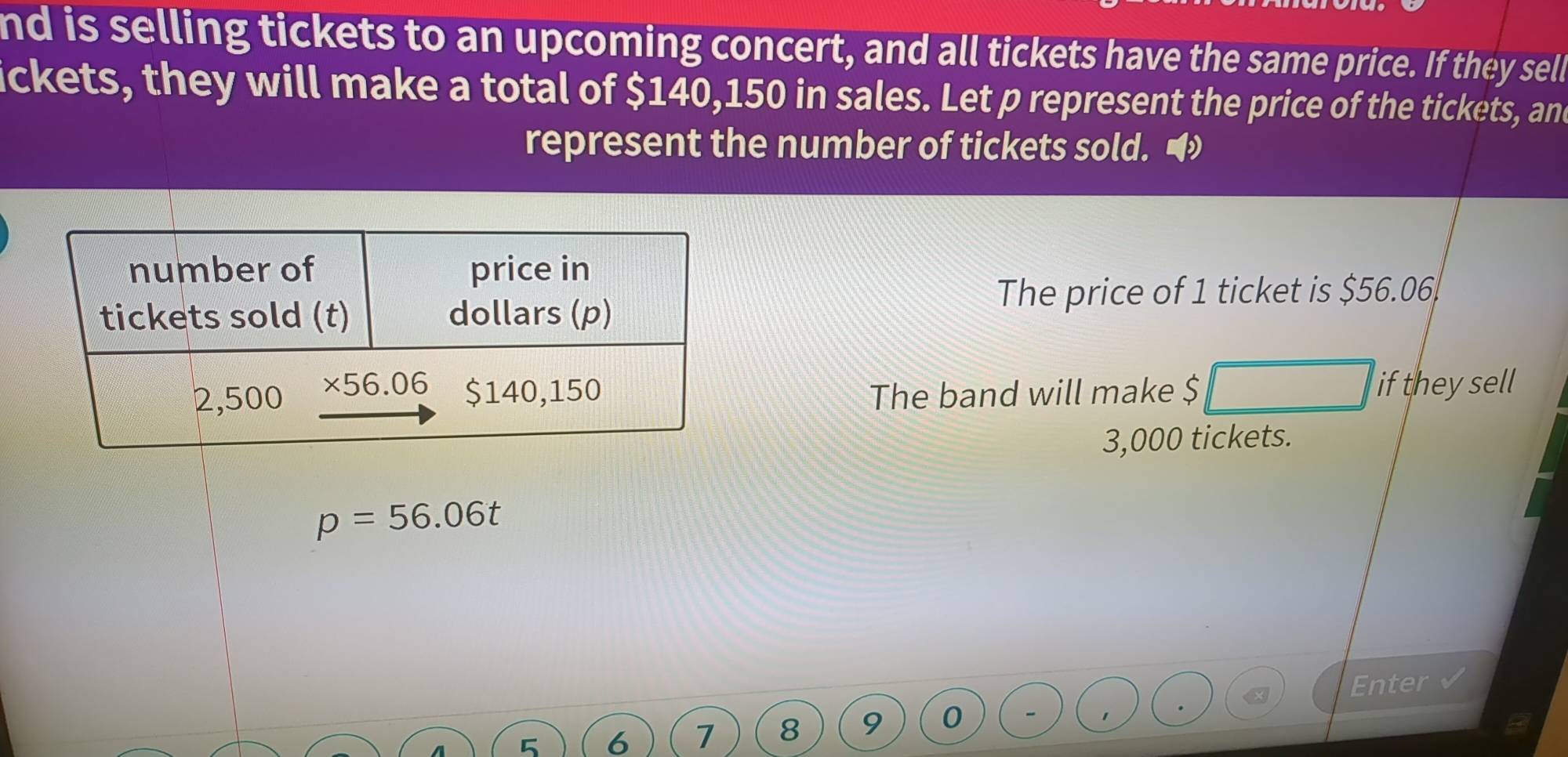 nd is selling tickets to an upcoming concert, and all tickets have the same price. If they sell
ickets, they will make a total of $140,150 in sales. Let p represent the price of the tickets, and
represent the number of tickets sold. 
The price of 1 ticket is $56.06
The band will make $ if theysell
3,000 tickets.
p=56.06t
Enter
6 7 8 9 0