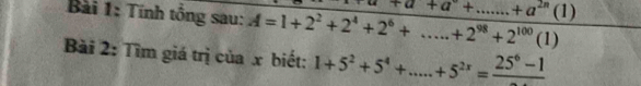 Tính tổng sau: A=1+2^2+2^4+2^6+...+2^(98)+2^(100)(1) +a+a°+......+a^(2n)(1)
Bài 2: Tìm giá trị của x biết: 1+5^2+5^4+.....+5^(2x)=frac 25^6-1