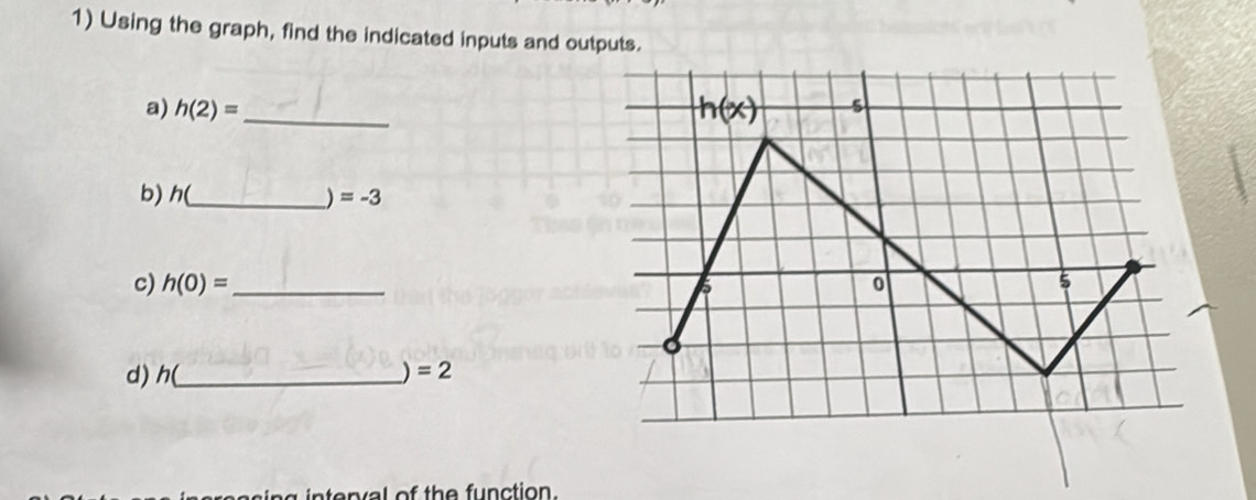 Using the graph, find the indicated inputs and outputs. 
a) h(2)= _  h(x)
b) h(_  ) =-3
c) h(0)= _ 5
5 
d) h(_  ) =2
interval of the function.