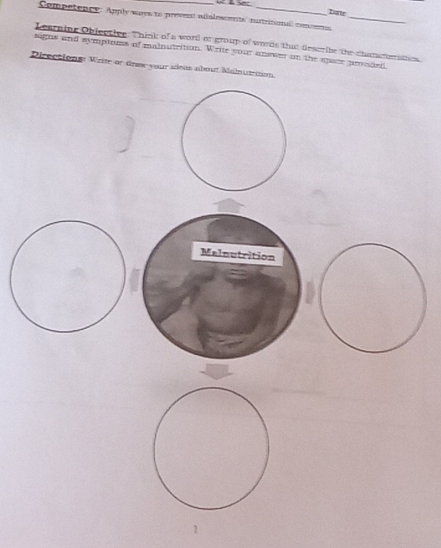 Date 
Competency. Apply ways to prevent aiolessents tutritional concerns_ 
Learaing Objective. Think of a word or group of words that deseribe the chammerisies 
signs and symptoms of mainutrition. Write your answer on the space provded 
Directions: Write or draw your ideas about Malnutrition 
Malnutrition