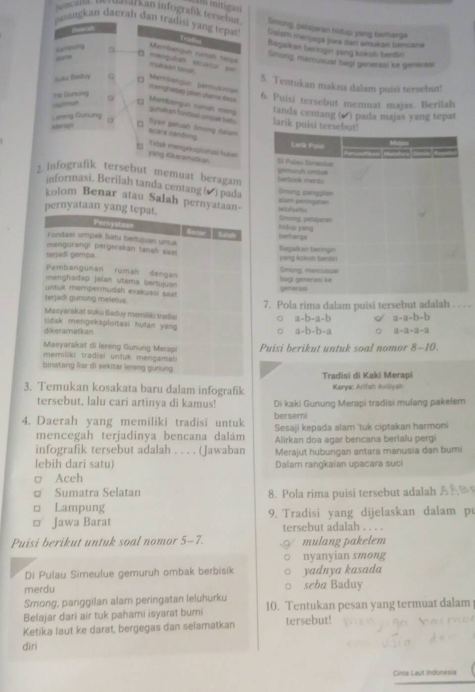 mitigasi
jsarkan infografik tersebut. limong, pelajaran hidup yang terharga
fasrzh
pasangkan daerah dan tradisi yang tepat! Dalam menjaga para dan amokan bencana
Tradial
Bagaikan benngin yang koksh berdin
kerpsing a
Membangun rumah tiegs
Wera
Simiong, mercusuer begi generssi ke generesi
□ mengubsh struktui pin
mukian tansh
5. Tentukan makna dalam puisi tersebut!
Buau Baduy Q □ Mérbérgun permuximan
monghadap jalan utama dess
TN Gunung
6. Puisi tersebut memuat majas. Berilah
Holimun
Merbangun nainsh meng tanda centang (▲ ) pada majas yang tepat
Lereng Gunung
gunakan fordaal unpak tst larik puis
Merape
Byair patuah Smong dalam
acara nandong
a Tidak mengeksplortasl buten
yang dikeramatian
2. infografik tersebut memuat beragam 
informasi. Berilah tanda centang (▲ ) pada 
kolom Benar atau Salah pernyataa
pernyataan ya
 
      
7. Pola rima dalam puisi tersebut adalah
a-b-a-b
a-a-b-b
a-b-b-a
a-a-a-a
Puisi berikut untuk soal nomor 8-10.
Tradisi di Kaki Merapi
3. Temukan kosakata baru dalam infografik Karya: Arfah Aviliyah
tersebut, lalu cari artinya di kamus! Di kaki Gunung Merapi tradisi mulang pakelem
4. Daerah yang memiliki tradisi untuk bersemi
Sesaji kepada alam 'tuk ciptakan harmoni
mencegah terjadinya bencana dalám Alirkan doa agar bencana berlalu pergi
infografik tersebut adalah . . . . (Jawaban Merajut hubungan antara manusia dan bumi
lebih dari satu) Dalam rangkaian upacara suci
□ Aceh
。 Sumatra Selatan 8. Pola rima puisi tersebut adalah .
q Lampung
9. Tradisi yang dijelaskan dalam pu
Jawa Barat
tersebut adalah . . . .
Puisi berikut untuk soal nomor 5-7. mulang pakelem
nyanyian smong
Di Pulau Simeulue gemuruh ombak berbisik yadnya kasada
merdu seba Baduy
Smong, panggilan alam peringatan leluhurku 10. Tentukan pesan yang termuat dalam
Belajar dari air tuk pahami isyarat bumi
Ketika laut ke darat, bergegas dan selamatkan tersebut!
diri
Cinta Laut Indonesia