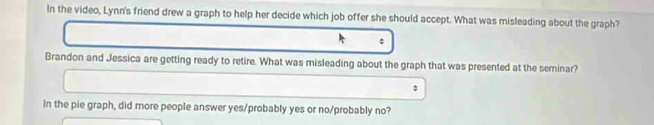 In the video, Lynn's friend drew a graph to help her decide which job offer she should accept. What was misleading about the graph? 
Brandon and Jessica are getting ready to retire. What was misleading about the graph that was presented at the seminar? 
In the pie graph, did more people answer yes/probably yes or no/probably no?