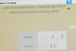 tios in Context 
Look at the table below. Create an equivalent 
ratio by entering the missing values. 
Lawns 1 2 3
Hours 0.75 1.5