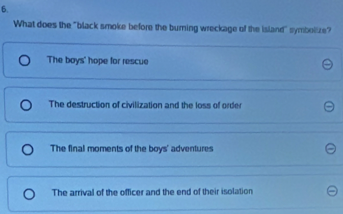 What does the "black smoke before the burning wreckage of the island" symbolize?
The boys' hope for rescue
The destruction of civilization and the loss of order
The final moments of the boys' adventures
The arrival of the officer and the end of their isolation