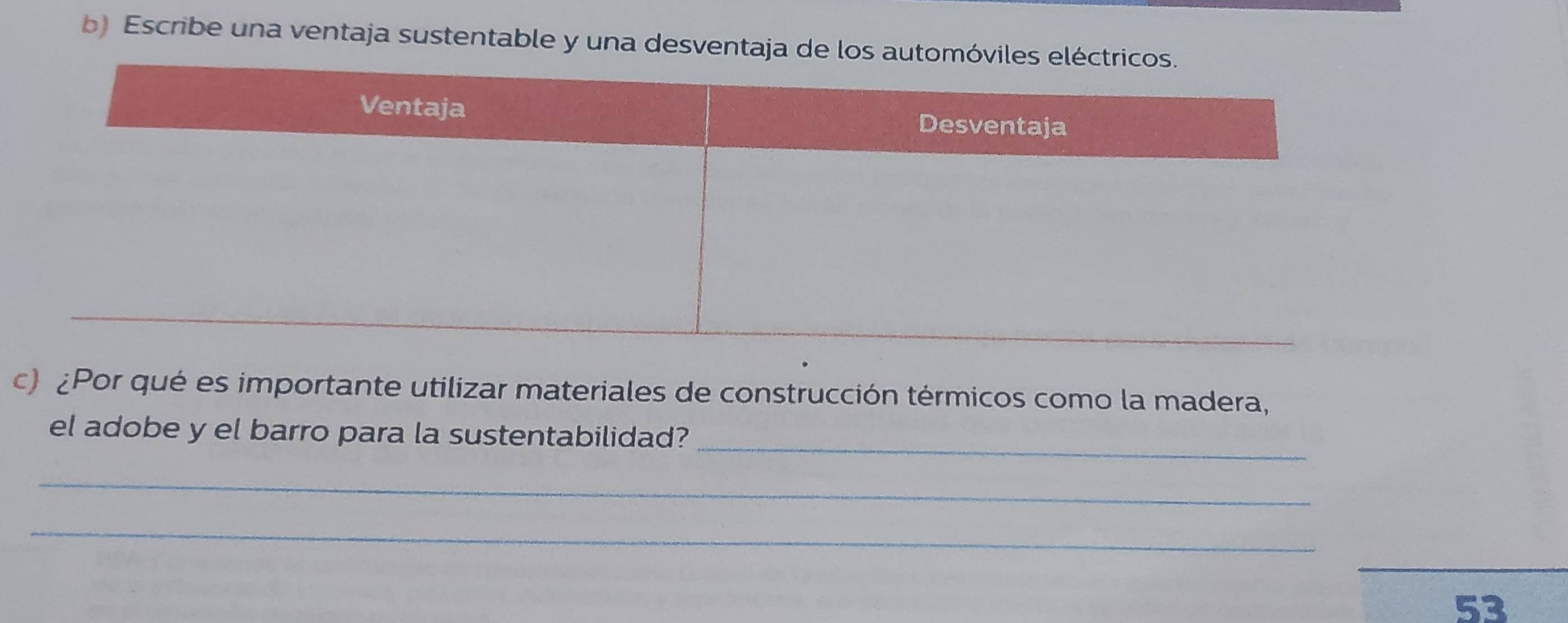 Escribe una ventaja sustentable y una desventaja de l 
c) ¿Por qué es importante utilizar materiales de construcción térmicos como la madera, 
el adobe y el barro para la sustentabilidad?_ 
_ 
_ 
_ 
53