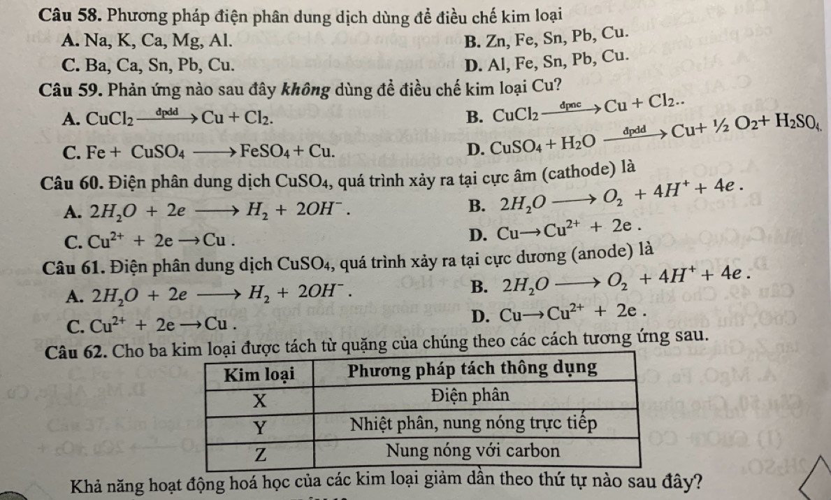 Phương pháp điện phân dung dịch dùng để điều chế kim loại
A. Na, K, Ca, Mg, Al. B. Zn, Fe, Sn, Pb, Cu.
C. Ba, Ca, Sn, Pb, Cu.
D. Al, Fe, Sn, Pb, Cu.
Câu 59. Phản ứng nào sau đây không dùng để điều chế kim loại Cu?
A. CuCl_2xrightarrow dpddCu+Cl_2. B. CuSO_4+H_2Oxrightarrow dpddCu+^1/_2O_2+H_2SO_4. CuCl_2xrightarrow dpncCu+Cl_2...
C. Fe+CuSO_4to FeSO_4+Cu. D.
Câu 60. Điện phân dung dịch CuSO_4 , quá trình xảy ra tại cực âm (cathode) là
A. 2H_2O+2eto H_2+2OH^-.
B. 2H_2Oto O_2+4H^++4e.
C. Cu^(2+)+2eto Cu.
D. Cuto Cu^(2+)+2e.
Câu 61. Điện phân dung dịch CuSO₄, quá trình xảy ra tại cực dương (anode) là
A. 2H_2O+2eto H_2+2OH^-.
B. 2H_2Oto O_2+4H^++4e.
C. Cu^(2+)+2eto Cu.
D. Cuto Cu^(2+)+2e.
Câu 62. Cho bac tách từ quặng của chúng theo các cách tương ứng sau.
Khả năng hoạt động hoá học của các kim loại giảm dần theo thứ tự nào sau đây?