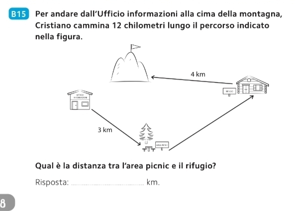 B15 Per andare dall’Ufficio informazioni alla cima della montagna,
Cristiano cammina 12 chilometri lungo il percorso indicato
nella figura.
Qual è la distanza tra l'area picnic e il rifugio?
Risposta: _km.
8