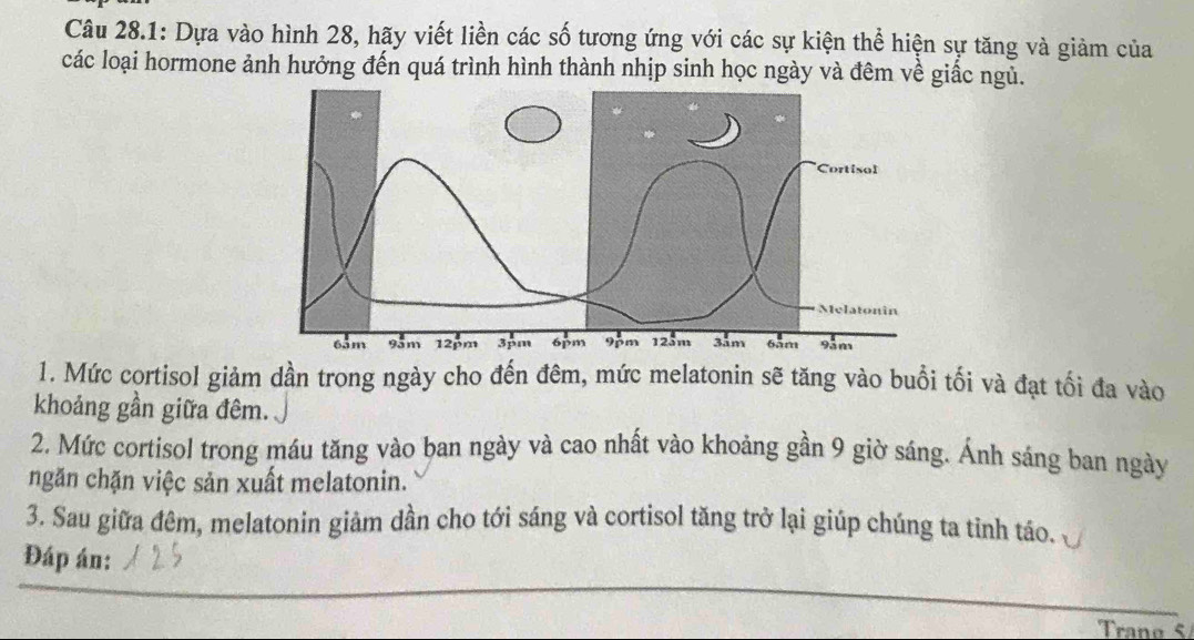 Câu 28.1: Dựa vào hình 28, hãy viết liền các số tương ứng với các sự kiện thể hiện sự tăng và giảm của 
các loại hormone ảnh hưởng đến quá trình hình thành nhịp sinh học ngày và đêm về giấc ngủ. 
1. Mức cortisol giảm dần trong ngày cho đến đêm, mức melatonin sẽ tăng vào buổi tối và đạt tối đa vào 
khoảng gần giữa đêm. 
2. Mức cortisol trong máu tăng vào ban ngày và cao nhất vào khoảng gần 9 giờ sáng. Ánh sáng ban ngày 
ngăn chặn việc sản xuất melatonin. 
3. Sau giữa đêm, melatonin giảm dần cho tới sáng và cortisol tăng trở lại giúp chúng ta tinh táo. 
Đáp án: 
Trane 5