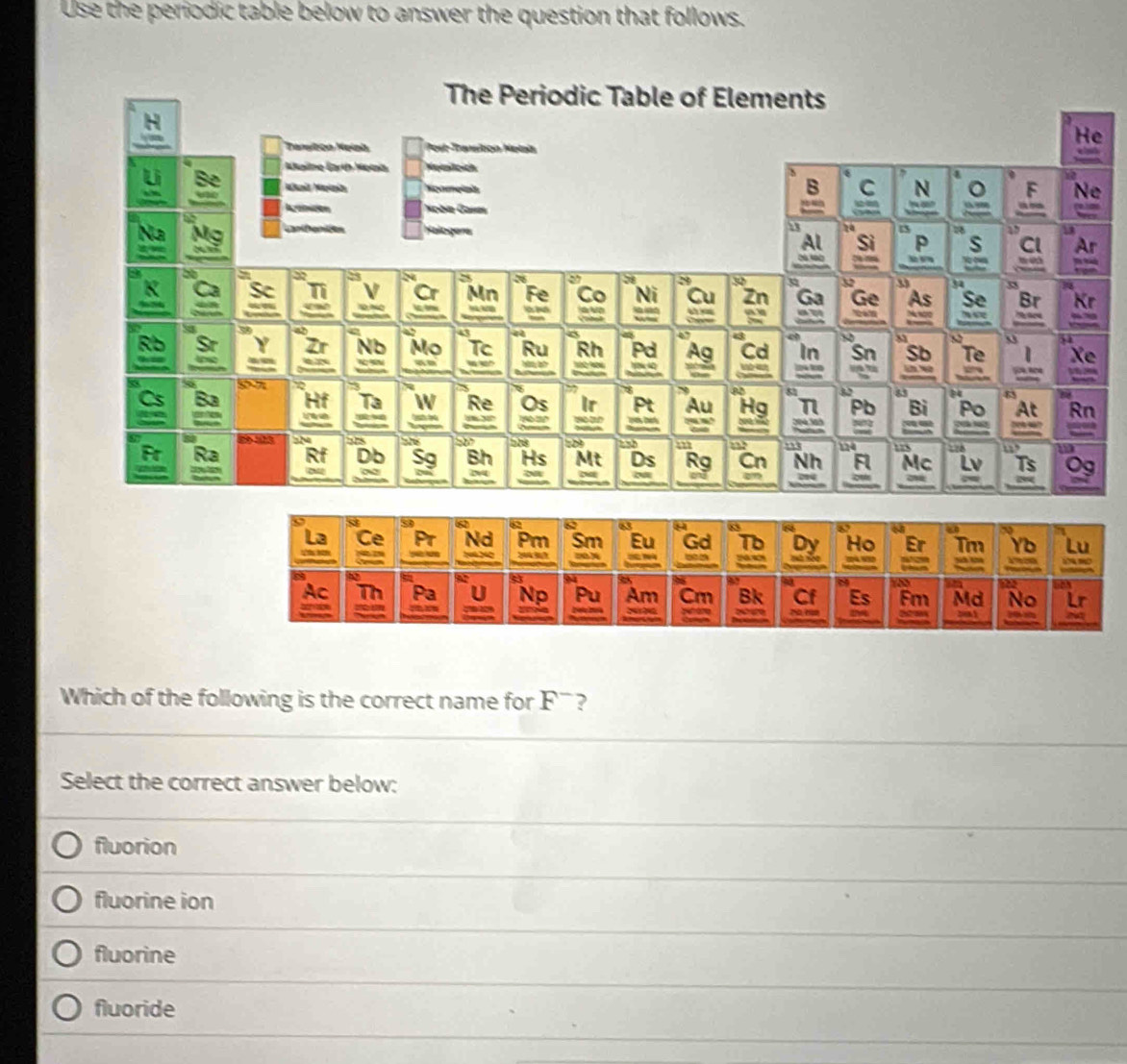 Use the periodic table below to answer the question that follows.
e
e
r

Which of the following is the correct name for F□ ?
Select the correct answer below:
fluorion
fluorine ion
fluorine
fluoride