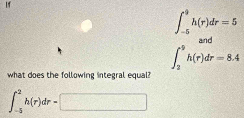 If
∈t _(-3)^(-3)h(r)dr=5 h(r)dr=8.4
what does the following integral equal?
∈t _(-5)^2h(r)dr=□