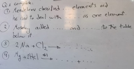 ①. I complete: 
(T, Mendeleev classified. elements and 
he had to deal with as one element. 
② Hoseloy added. . . . . and to te table 
below it. 
3 2Na+Cl_2to ·s +....6
Mg+2HClxrightarrow dil· ·s +·s