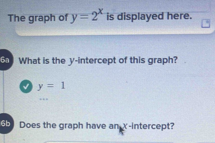 The graph of y=2^x is displayed here. 
6a What is the y-intercept of this graph?
y=1
6b Does the graph have an x-intercept?