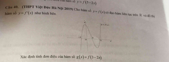 hệu của hàm số y=f(5-2x)
Câu 40. (THPT Việt Đức Hà Nội 2019) Cho hàm số y=f(x) có đạo hàm liên tục trên R và đồ thị
hàm số y=f'(x) như hình bên.
Xác định tính đơn điệu của hàm số g(x)=f(3-2x)