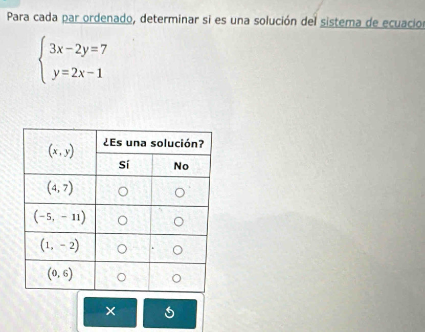 Para cada par ordenado, determinar si es una solución del sistema de ecuacion
beginarrayl 3x-2y=7 y=2x-1endarray.
×