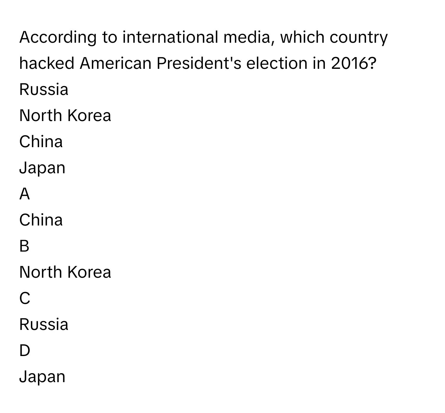 According to international media, which country hacked American President's election in 2016?Russia
North Korea
China
Japan

A  
China 


B  
North Korea 


C  
Russia 


D  
Japan