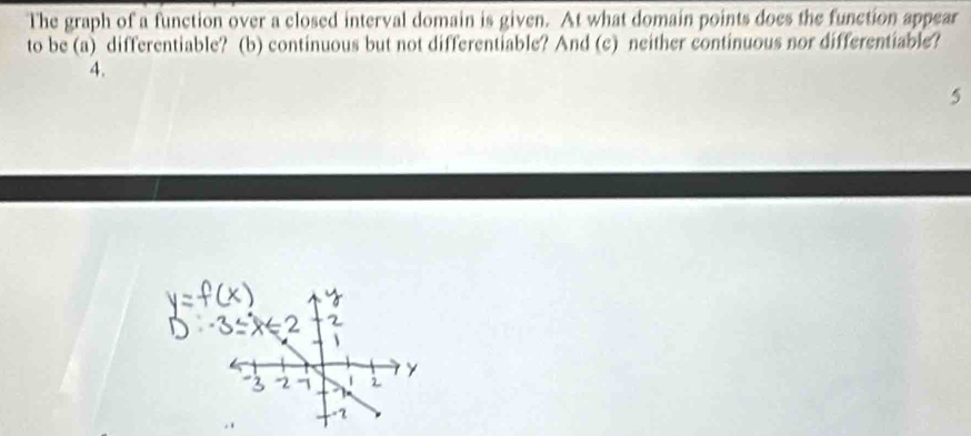 The graph of a function over a closed interval domain is given. At what domain points does the function appear 
to be (a) differentiable? (b) continuous but not differentiable? And (c) neither continuous nor differentiable? 
4.