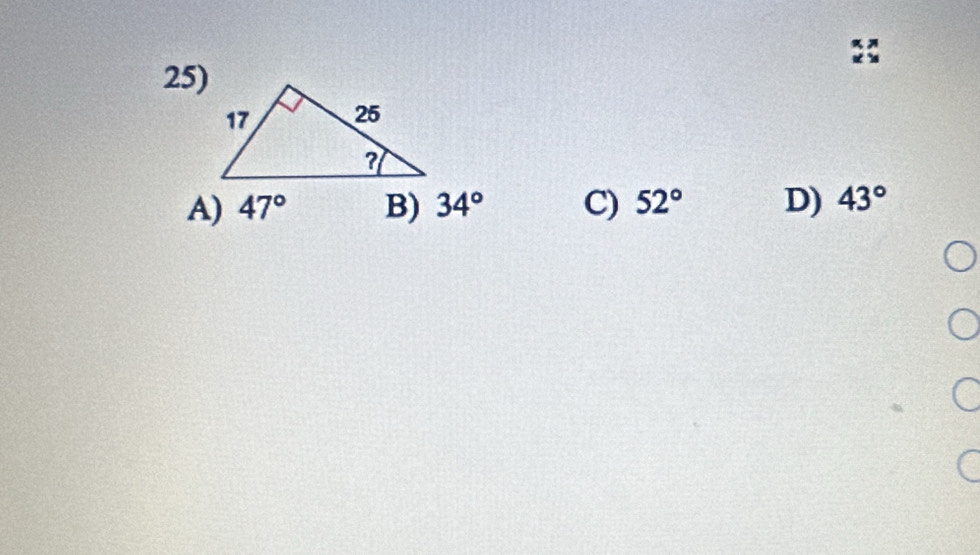 A) 47° B) 34° C) 52° D) 43°