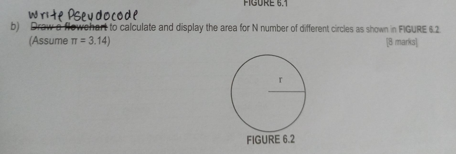 FIGURE 6.1 
b) a flowchart to calculate and display the area for N number of different circles as shown in FIGURE 6.2. 
(Assume π =3.14) [8 marks]