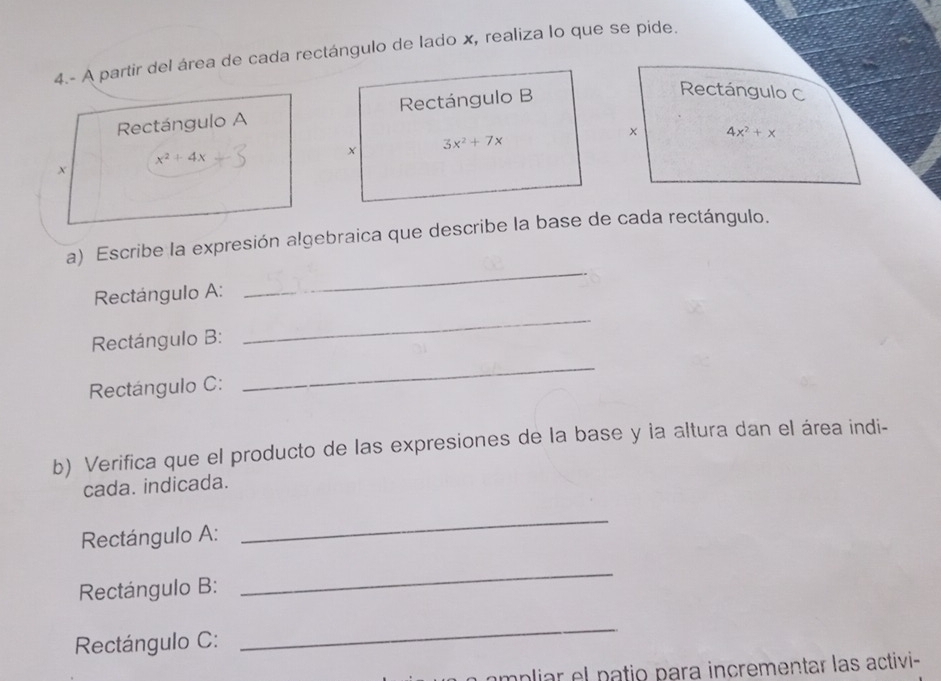 4.- A partir del área de cada rectángulo de lado x, realiza lo que se pide.
Rectángulo A Rectángulo B
Rectángulo C
× 4x^2+x
3x^2+7x
x^2+4x
x
_
a) Escribe la expresión algebraica que describe la base de cada rectángulo.
_
Rectángulo A:
Rectángulo B:
Rectángulo C:
_
b) Verifica que el producto de las expresiones de la base y la altura dan el área indi-
cada. indicada.
Rectángulo A:
_
Rectángulo B:
_
Rectángulo C:
_
ampliar el patio para incrementar las activi-