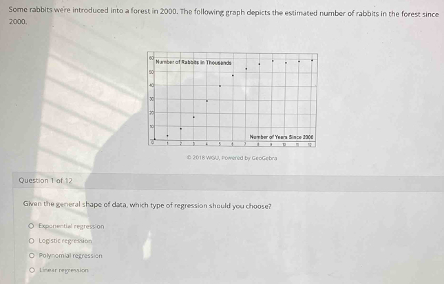 Some rabbits were introduced into a forest in 2000. The following graph depicts the estimated number of rabbits in the forest since
2000.
© 2018 WGU, Powered by GeoGebra
Question 1 of 12
Given the general shape of data, which type of regression should you choose?
Exponential regression
Logistic regression
Polynomial regression
Linear regression