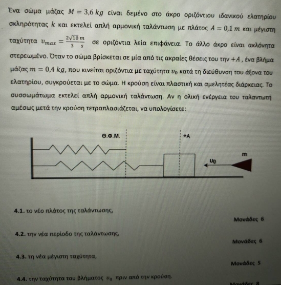 Ενα σώμα μάζας M=3,6kg είναι δεμένο στο άκρο οριζόντιου ιδανικού ελατηρίου
σκληρότητας κ και εκτελεί απλή αρμονική ταλάντωση με πλάτος A=0,1m και μέγιστη
ταχύτητα v_max= 2sqrt(10)/3  m/s  σε οριζόντια λεία επιφάνεια. Το άλλο άκρο είναι ακλόνητα
στερεωμένοδ οοταν το σώμα βρίσκεται σε μία απόοτιςαακραίες θέίσεις του teta v+A , ένα βλήμα
μάζας m=0,4kg , που κινείται οριζόντια με ταχύτητα nu _0 κατά τη διεύθυνση του άξονα του
ελατηρίους συγκρούεται με το σώμαΚ Η κρούση είναι πλαστική και αμελητέας διάρκειας. Το
συσσωμάτωμα εκτελεί απλή αρμονική ταλάντωση. Αν η ολική ενέργεια του ταλαντωτή
αμέσως μετά την κρούση τετραπλασιάζεται να υπολογίσετε:
4.1. το νέο πλάτος της ταλάντωσης,
Μονάδες 6
4.2. την νέα περίοδο της ταλάντωσης
Μονάδες 6
4.3. τη νέα μέγιστη ταχότητα,
Μονάδες 5
4.4. την ταχότητα του βλήμιατοςονα πριν από την κρούση.