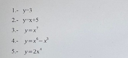 1.- y=3
2.- y=x+5
3. - y=x^7
4. -y=x^6-x^3
5. -y=2x^4