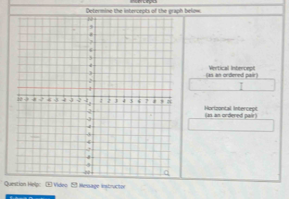 Rfereeçe 
Determine the intercepts of the graph below. 
Vertical Intercept 
(as an ordered pair) 
Horizontal Intercept 
(as an ordered pair) 
Question Help: Video 9 Message instructor