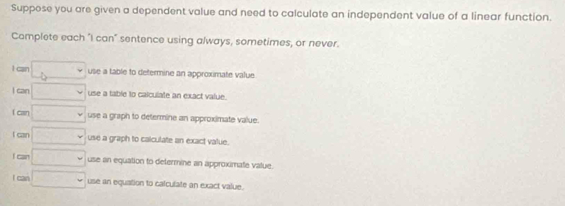 Suppose you are given a dependent value and need to calculate an independent value of a linear function.
Complete each "I can" sentence using always, sometimes, or never.
I can use a table to determine an approximate value
I can use a table to calculate an exact value.
I can use a graph to determine an approximate value.
I can use a graph to calculate an exact value.
I can use an equation to determine an approximate value.
l can use an equation to calculate an exact value.