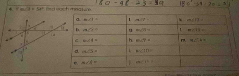 4 11 m∠ 3=54° find each measure .