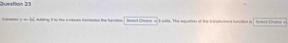 Considor y=-|x| Adding 3 to the x -values transiates the function Select Choice 3 units. The equation of the transformed function is Select Choice
