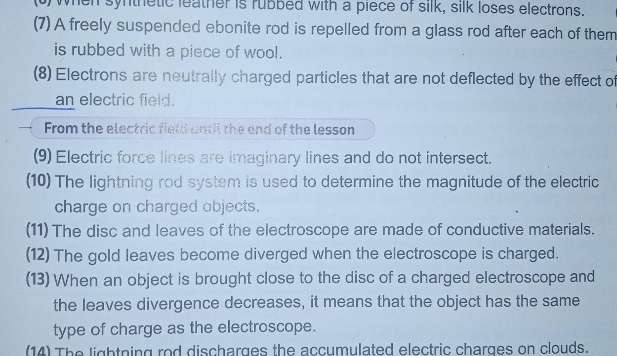 (0) When synthetic leather is rubbed with a piece of silk, silk loses electrons. 
(7) A freely suspended ebonite rod is repelled from a glass rod after each of them 
is rubbed with a piece of wool. 
(8) Electrons are neutrally charged particles that are not deflected by the effect of 
an electric field. 
From the electric field until the end of the lesson 
(9) Electric force lines are imaginary lines and do not intersect. 
(10) The lightning rod system is used to determine the magnitude of the electric 
charge on charged objects. 
(11) The disc and leaves of the electroscope are made of conductive materials. 
(12) The gold leaves become diverged when the electroscope is charged. 
(13) When an object is brought close to the disc of a charged electroscope and 
the leaves divergence decreases, it means that the object has the same 
type of charge as the electroscope. 
(14) The lightning rod discharges the accumulated electric charges on clouds.