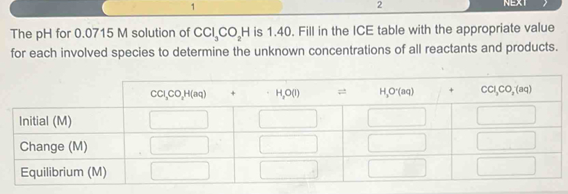 1
2 NEXT
The pH for 0.0715 M solution of CCl_3CO_2H is 1.40. Fill in the ICE table with the appropriate value
for each involved species to determine the unknown concentrations of all reactants and products.