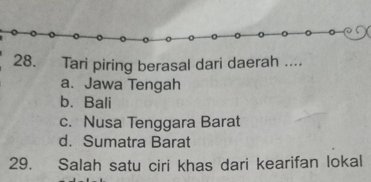 Tari piring berasal dari daerah ....
a. Jawa Tengah
b. Bali
c. Nusa Tenggara Barat
d. Sumatra Barat
29. Salah satu ciri khas dari kearifan lokal