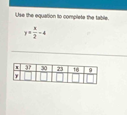 Use the equation to complete the table.
y= x/2 -4