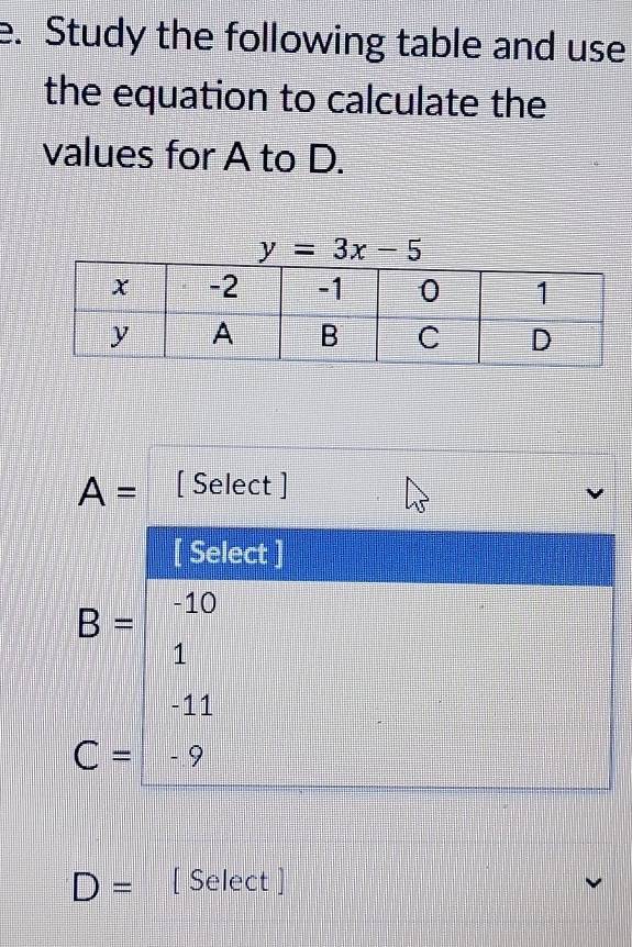 Study the following table and use 
the equation to calculate the 
values for A to D.
y=3x-5
A= [ Select ] 
[ Select ]
B=beginbmatrix -10 1 -11endbmatrix
C=-9
D= [ Select ]