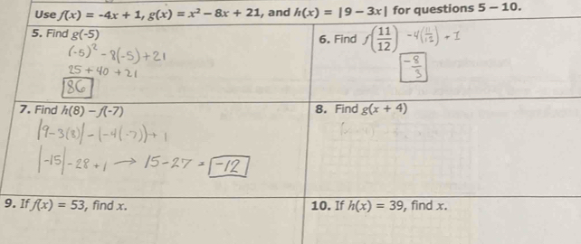 nd h(x)=|9-3x| for questions 5-10.
9