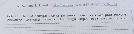 Kunjungi Link berikut https://images.app.goo.gl/KUHs2gX4LKsSyvxS7 ， 
Pada Link terlihat berbagai struktur penyusun organ pencernaan pada manusia. 
_ 
Jelaskanlah keterkaitan struktur dan fungsi organ pada gambar tersebut 
_ 
_ 
_