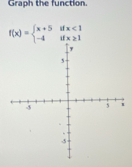 Graph the function.
f(x)=beginarrayl x+5ifx<1 -4ifx≥ 1endarray.