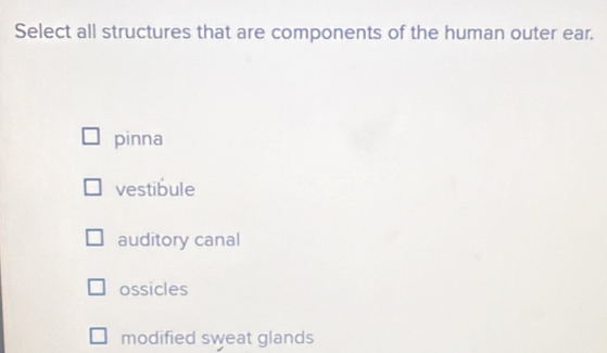 Solved: Select all structures that are components of the human outer ...